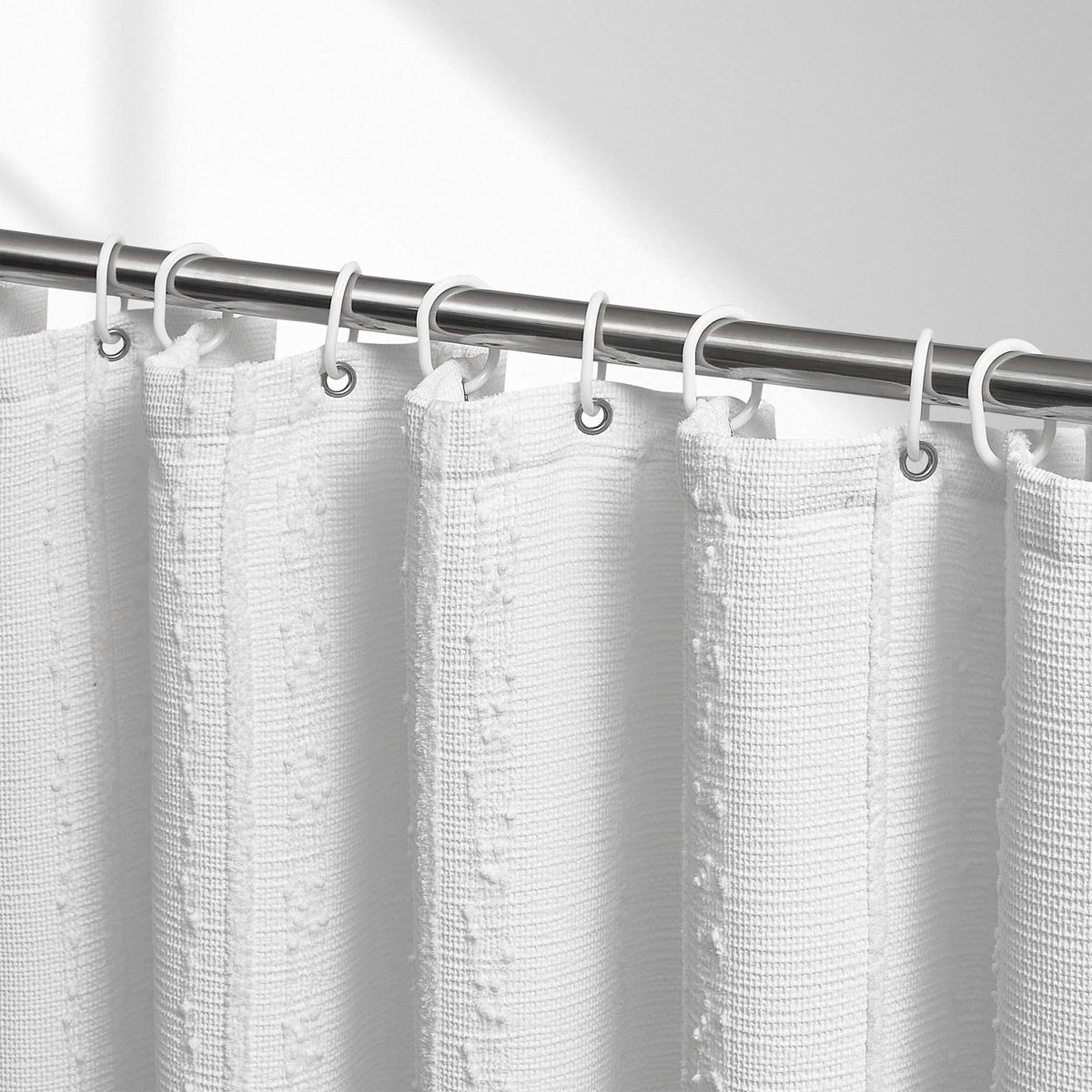 Lameirose white shower curtain with waffle stripe texture for a cozy modern farmhouse bath