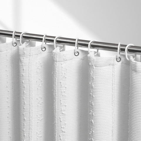 Lameirose white shower curtain with waffle stripe texture for a cozy modern farmhouse bath