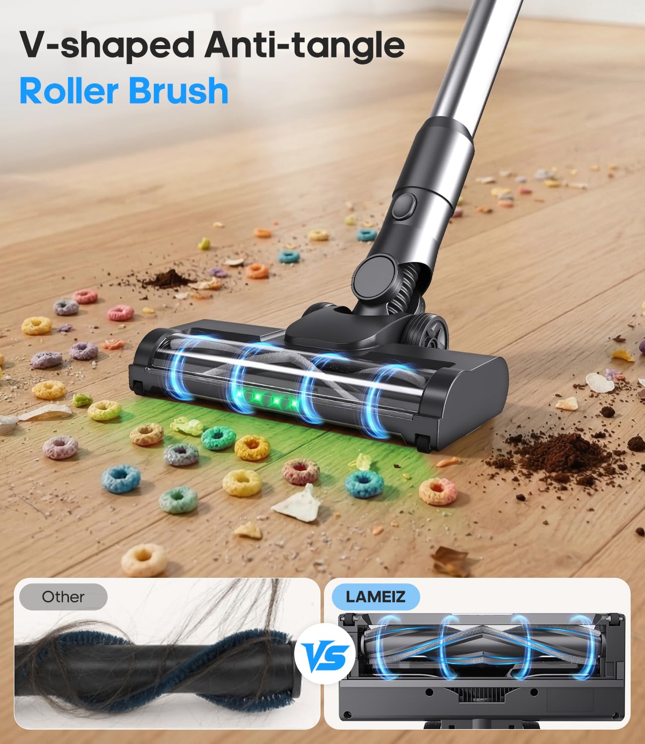 LAMEIZ V-shaped brush with LED light detects dirt under furniture.