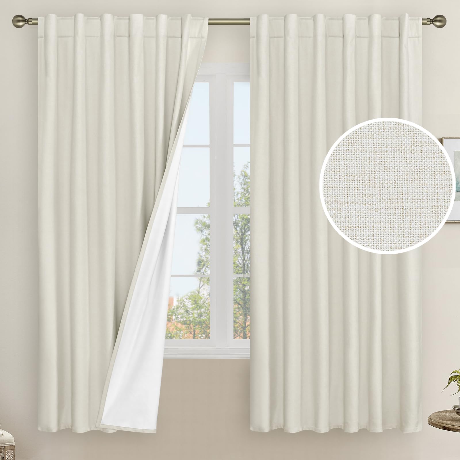 LAMIT 100% blackout ivory curtains with back tab and rod pocket for easy hanging.
