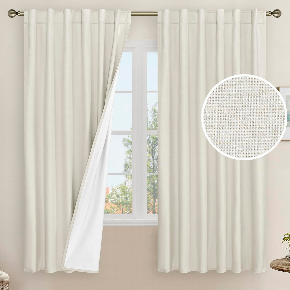 LAMIT 100% blackout ivory curtains with back tab and rod pocket for easy hanging.