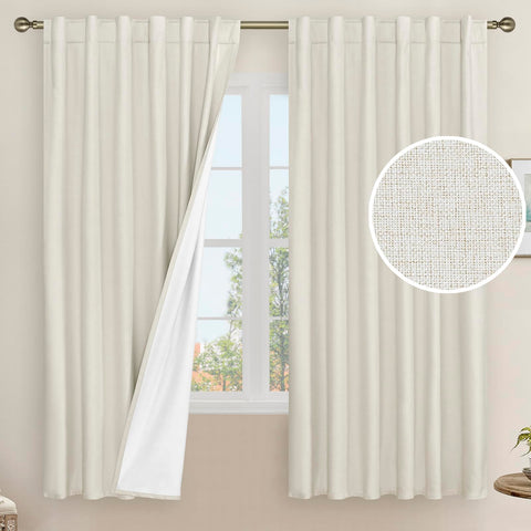 LAMIT 100% blackout ivory curtains with back tab and rod pocket for easy hanging.