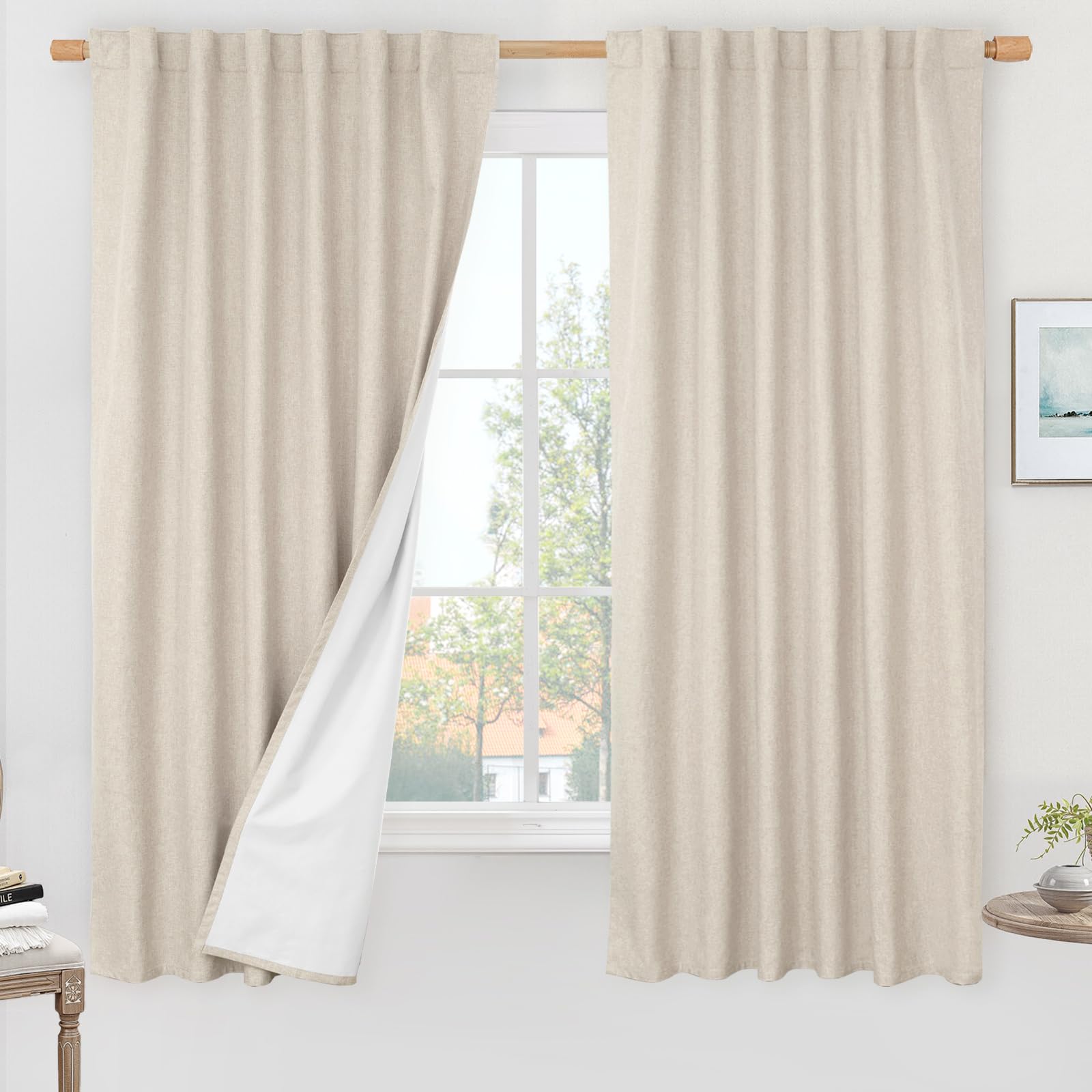LAMIT 100% blackout oatmeal linen curtain front view blocks daylight