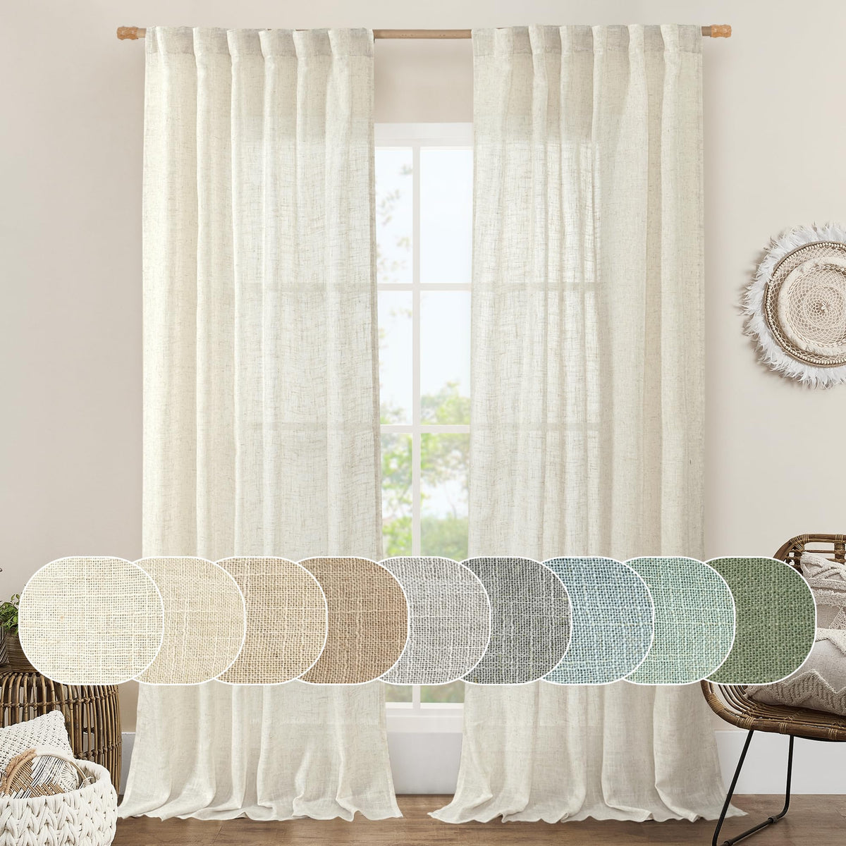 LAMIT 108 inch cream ivory linen curtains, full pair for large windows and natural light diffusion.