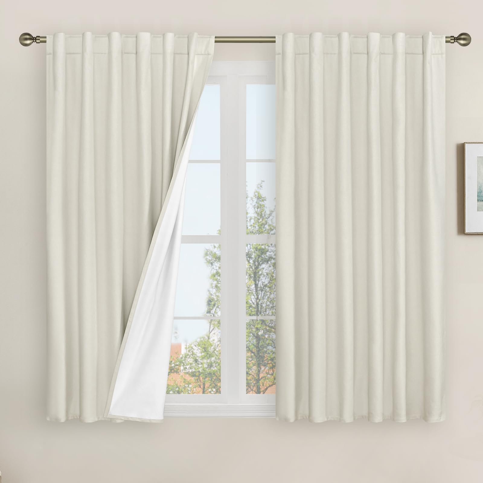 LAMIT linen blackout curtains pair shown for ivory bedroom privacy and light control