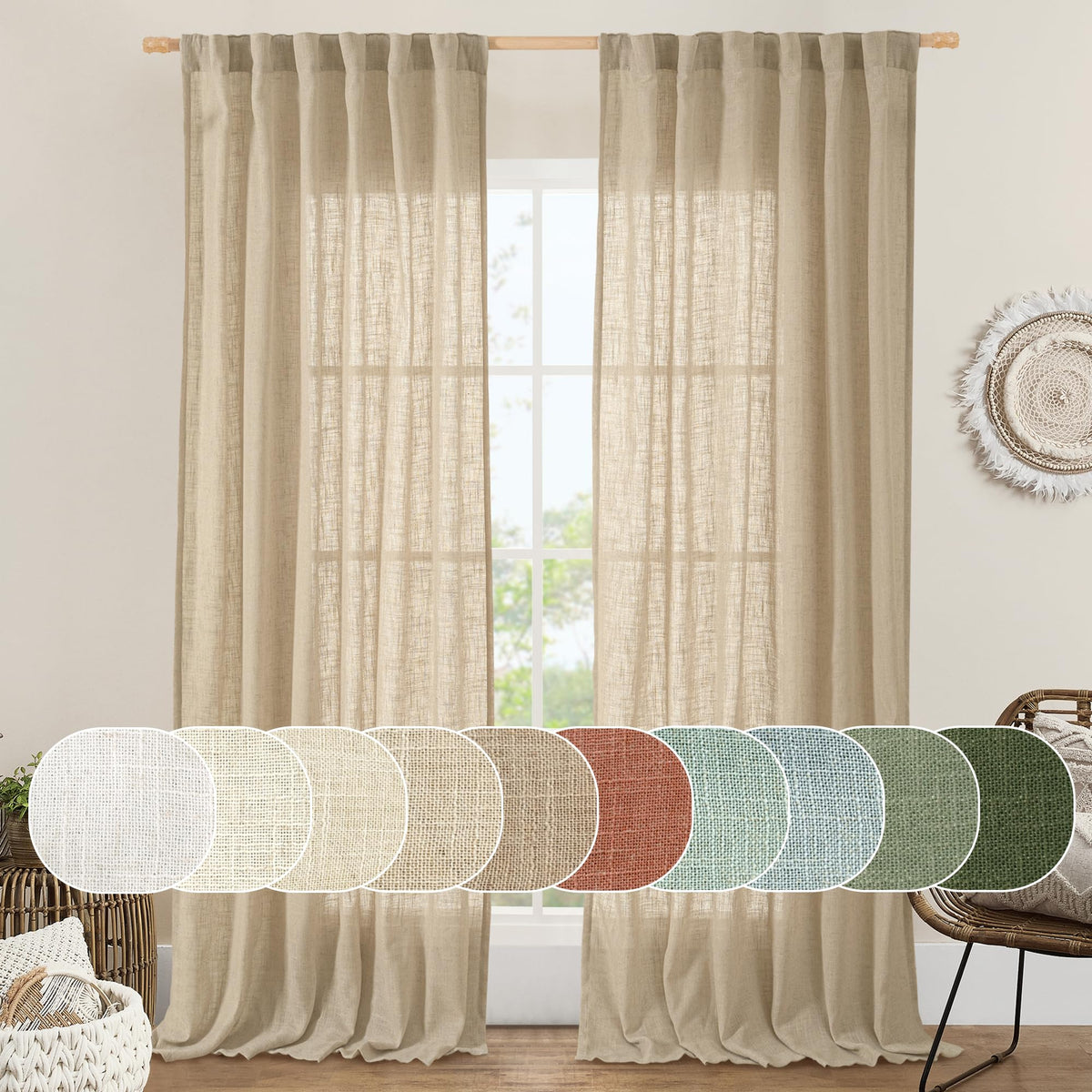 LAMIT brown linen curtains with back tab and rod pocket for easy mounting and full coverage.