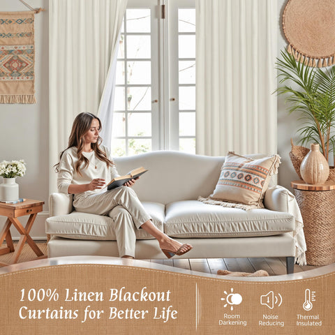 LAMIT linen-textured ivory curtains add elegant warmth to a living room setting.