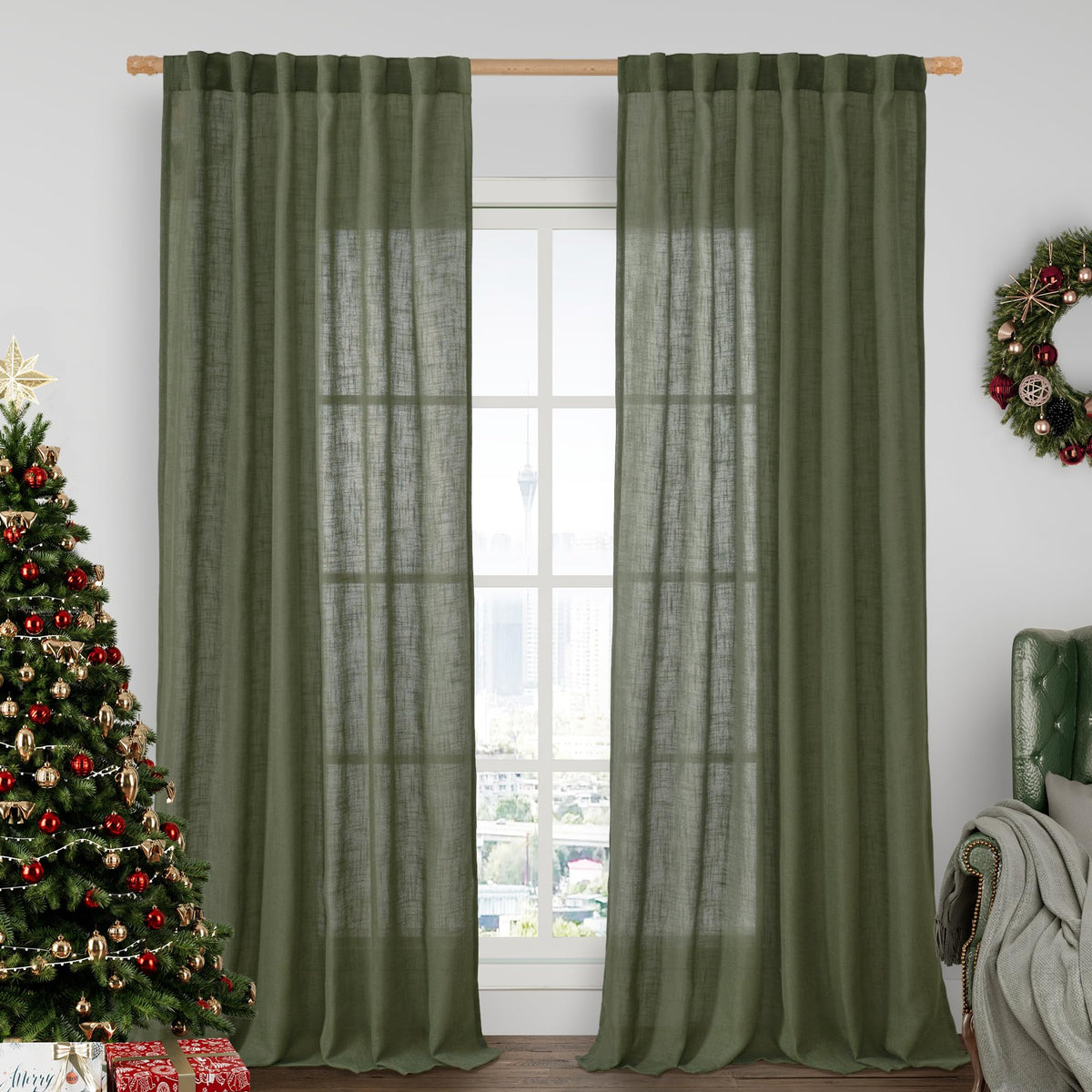 LAMIT olive green linen curtains 52x84 diffuse natural light for a cozy living space