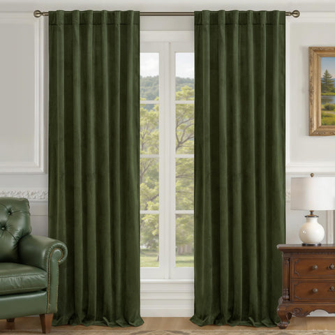 LAMIT olive green velvet curtains close-up shows plush texture for upscale ambience.