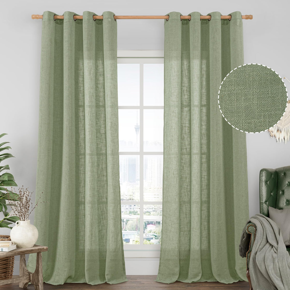 LAMIT Sage Green linen curtains with bronze grommets, two panels for soft, diffused light.