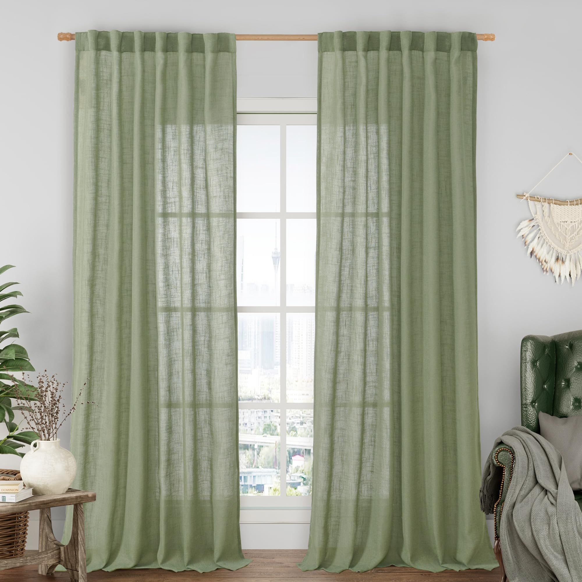 LAMIT Sage Green Linen Curtains in 84 inch length diffuse light for living room