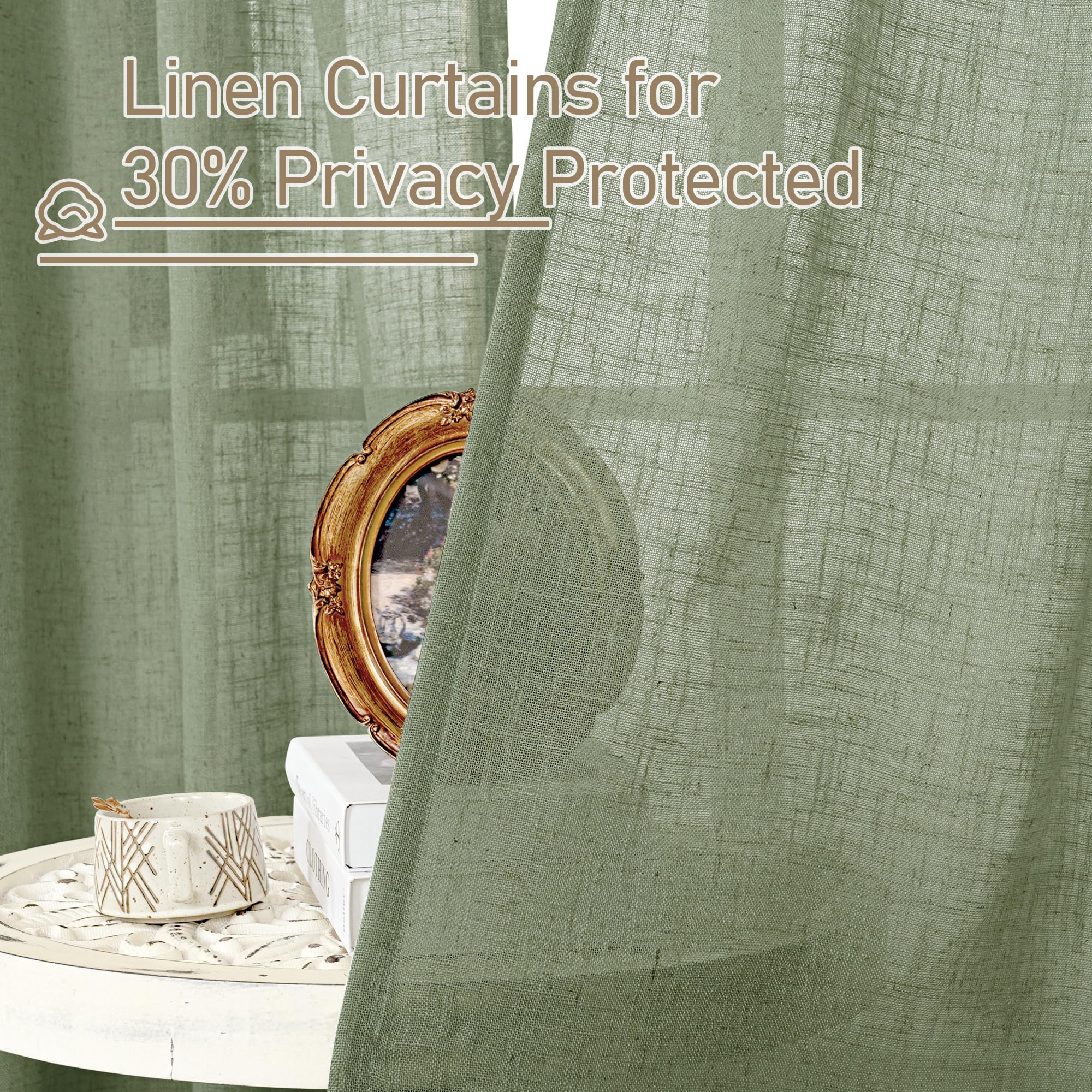 LAMIT sage green linen curtains in a bedroom setting for ambient privacy