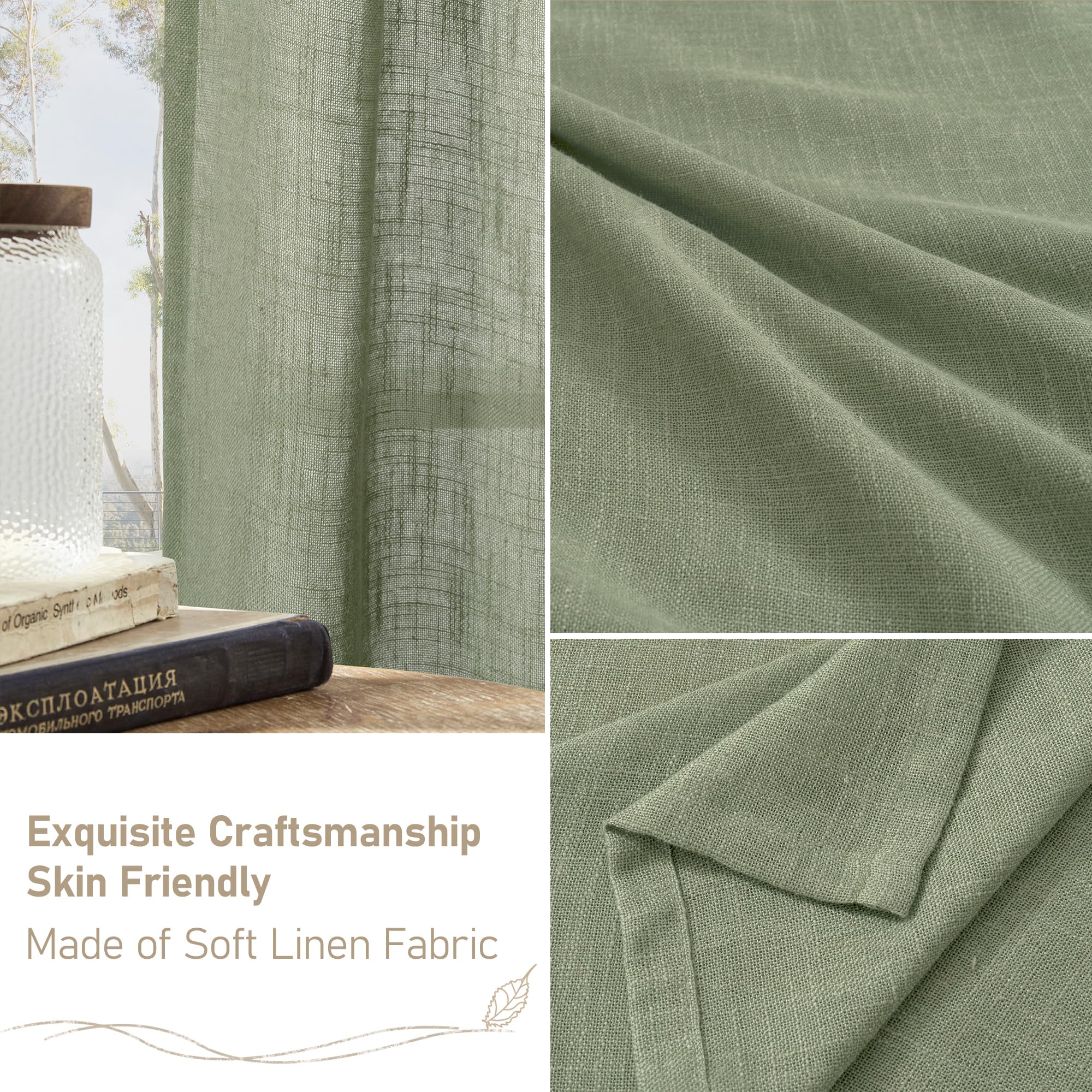 LAMIT sage green linen curtains in living room setup with decorative style