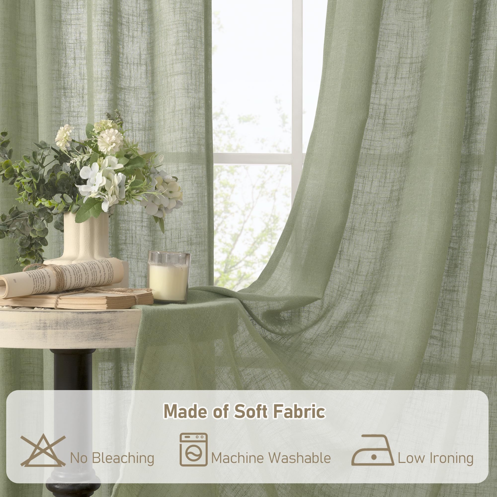LAMIT sage green linen curtains provide hazy shadows for privacy