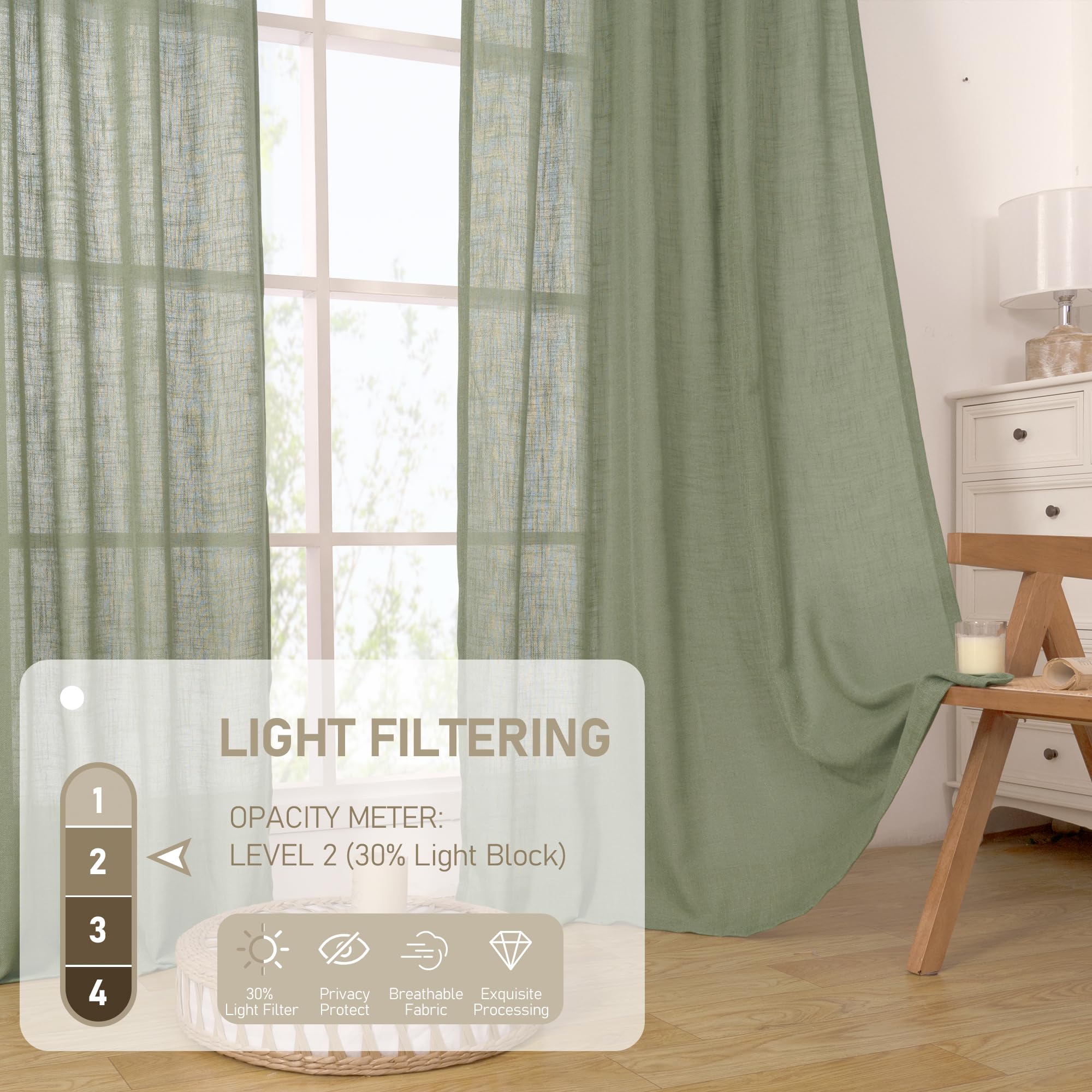 LAMIT Sage Green linen curtains, textured surface add character to any room.