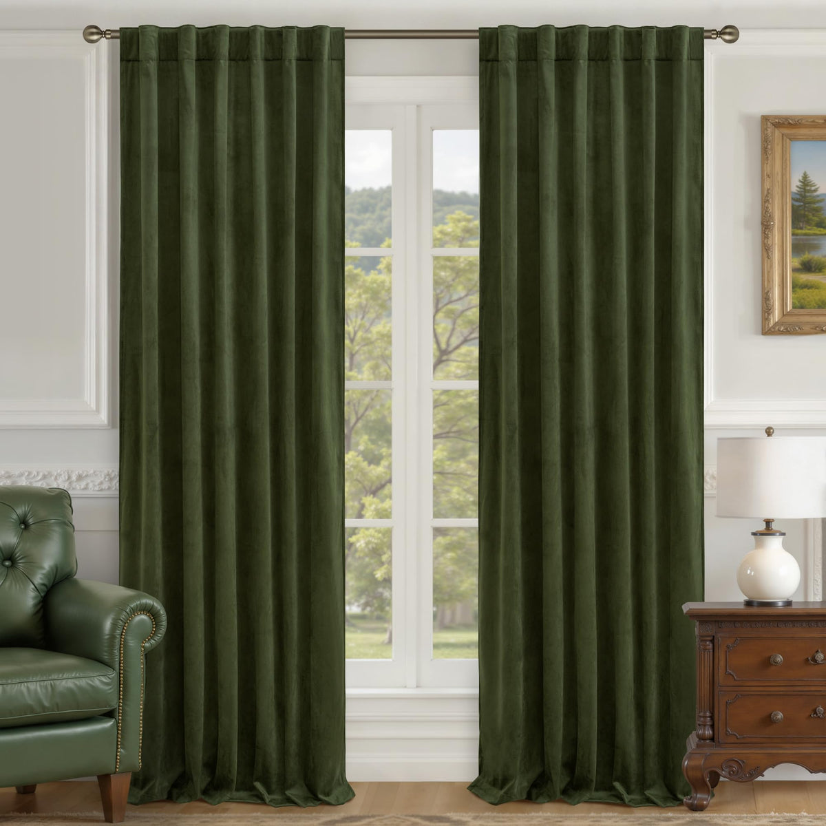 LAMIT olive-green velvet curtains with back-tab and rod-pocket for easy installation