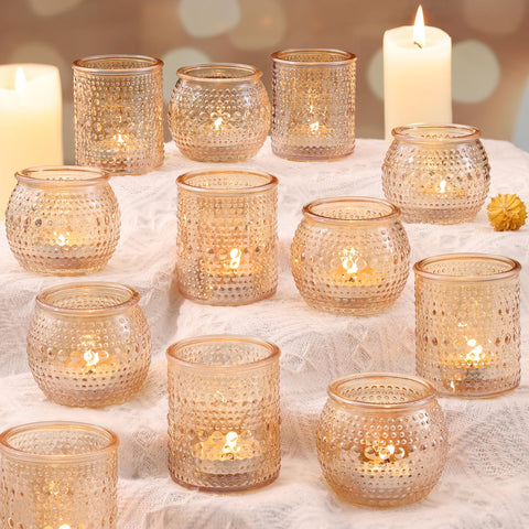LAMORGIFT gold votive candle holders glass set creates warm dining ambiance