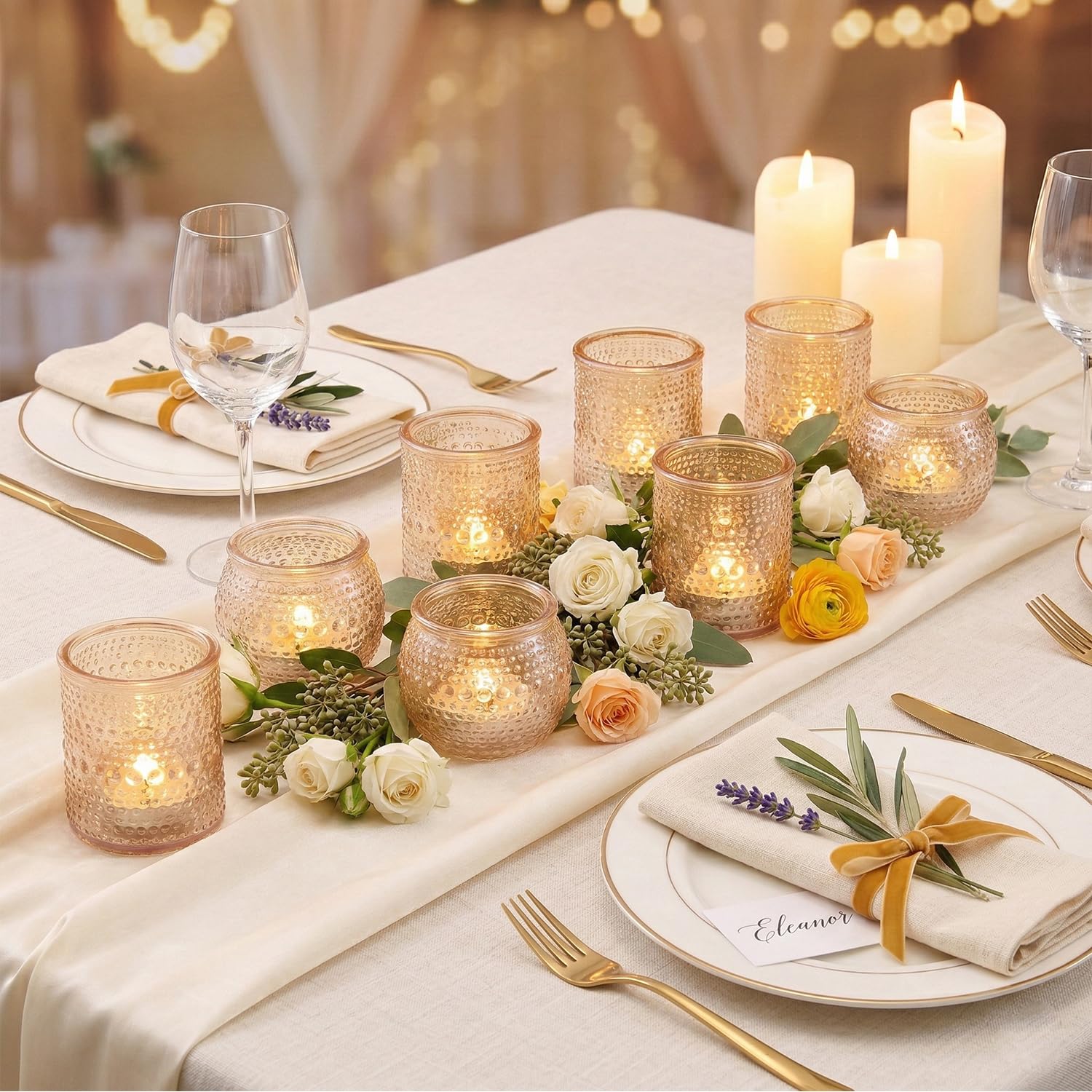 LAMORGIFT mantel and windowsill gold candle holders enhance home décor