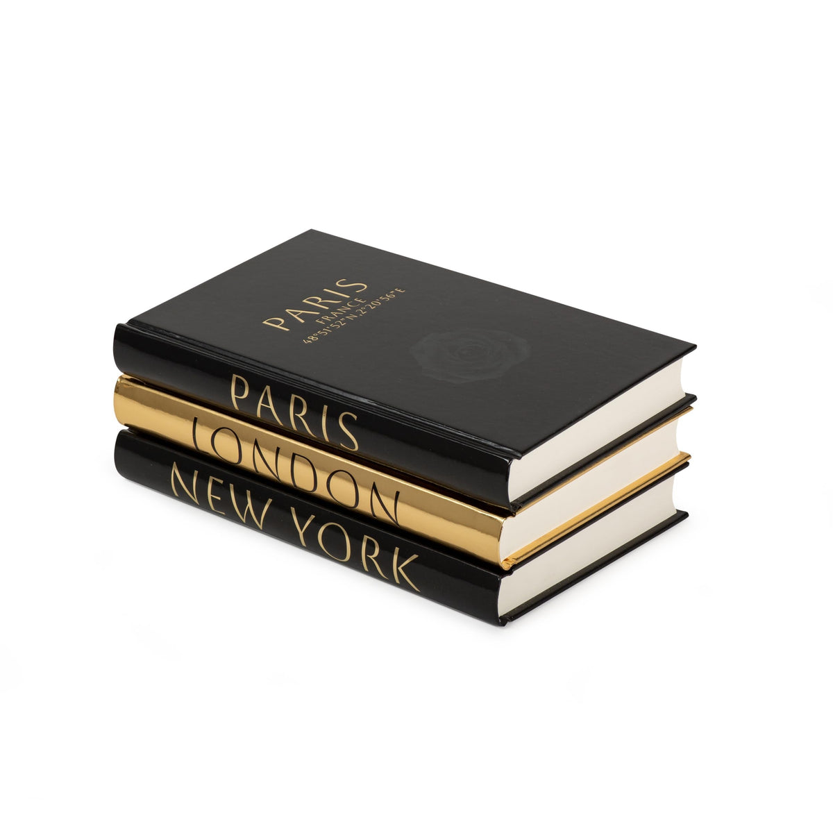 Lamour Home Decor decorative books on shelf with black-gold foil elevate room texture.