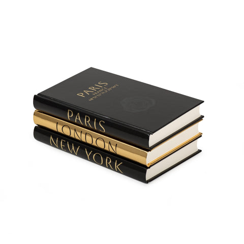 Lamour Home Decor decorative books on shelf with black-gold foil elevate room texture.