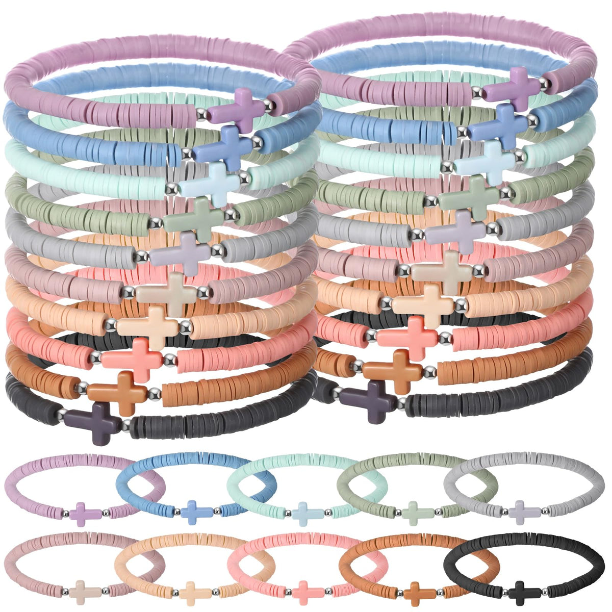 Landical bulk cross bracelets in a 50-piece Morandi pack for events