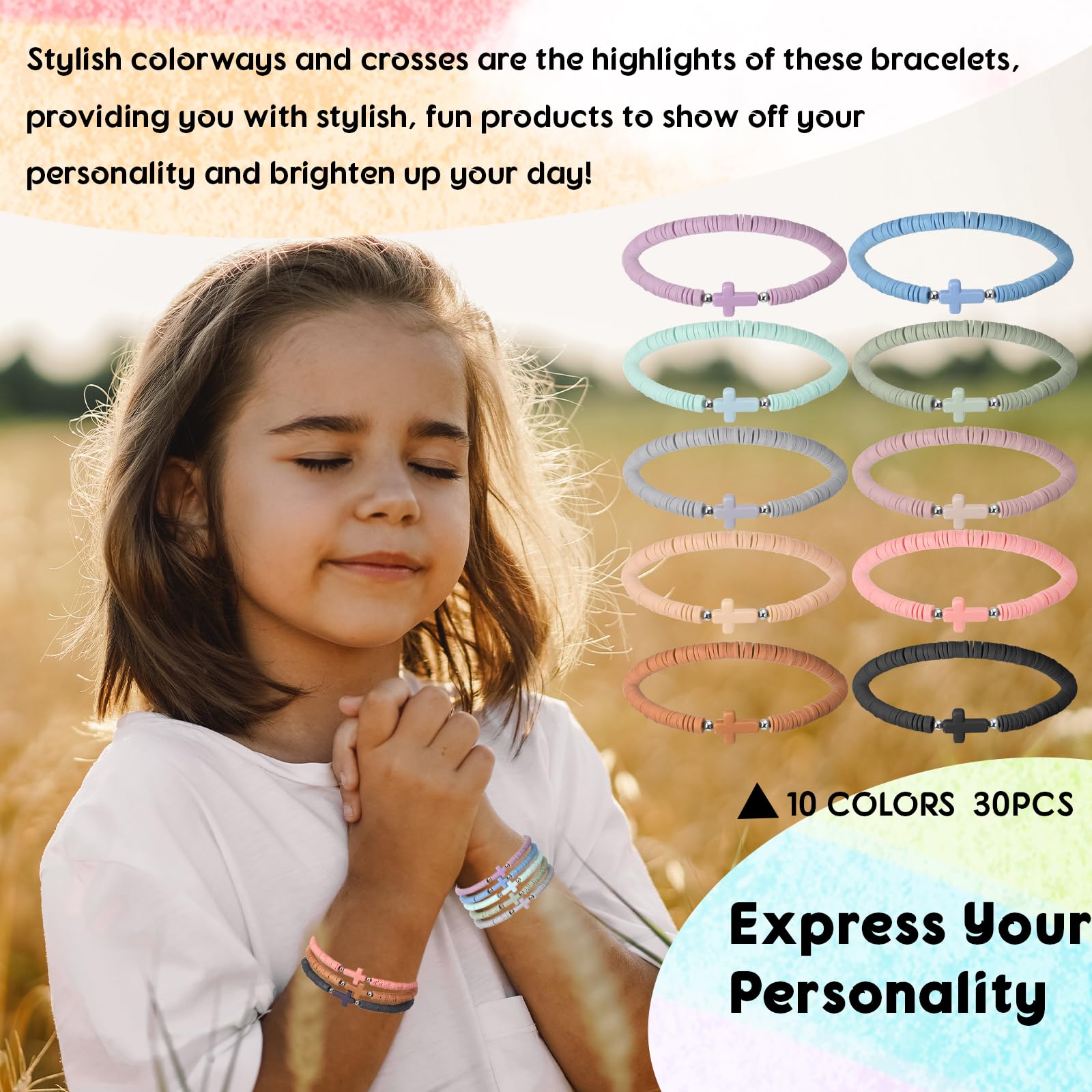 Comfort-fit 7-inch cross bracelets on elastic cord for daily wear