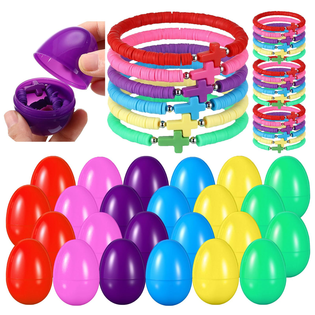 Landical 24-set Easter eggs with cross bracelets, ideal for festive egg hunts.