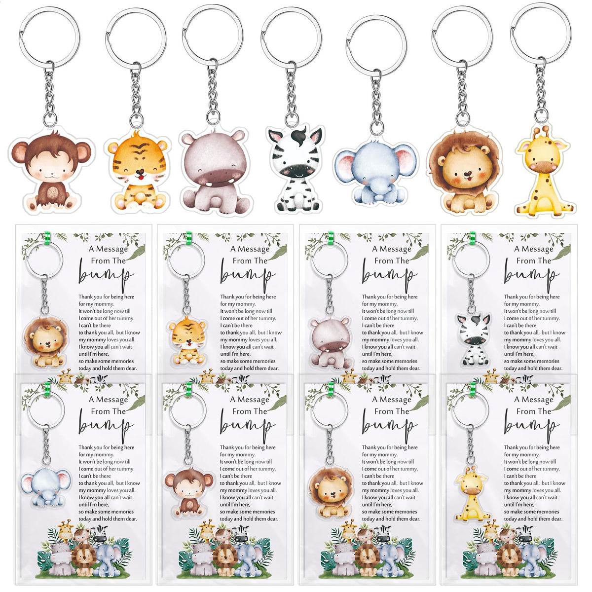 Landical safari animal keychains: durable acrylic keepsakes for baby showers.