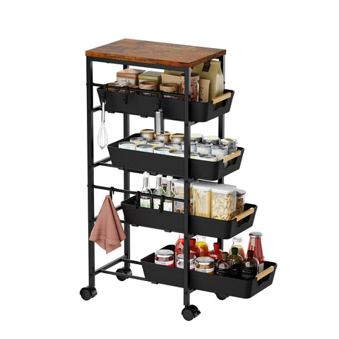 Landmok 5-tier slim storage cart with wood top for compact space organization