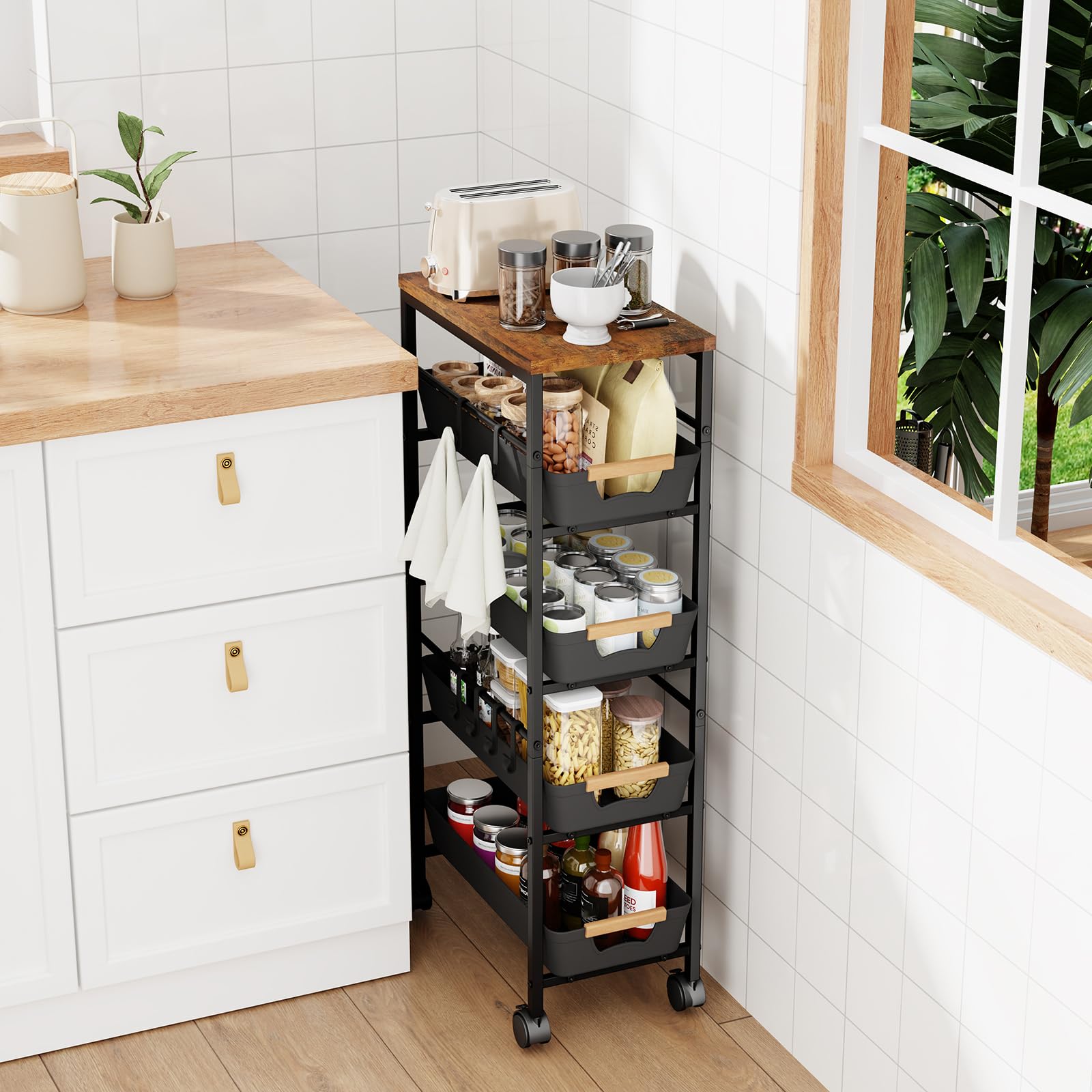 Landmok narrow-space cart shown between fridge and wall, ideal for tight kitchens