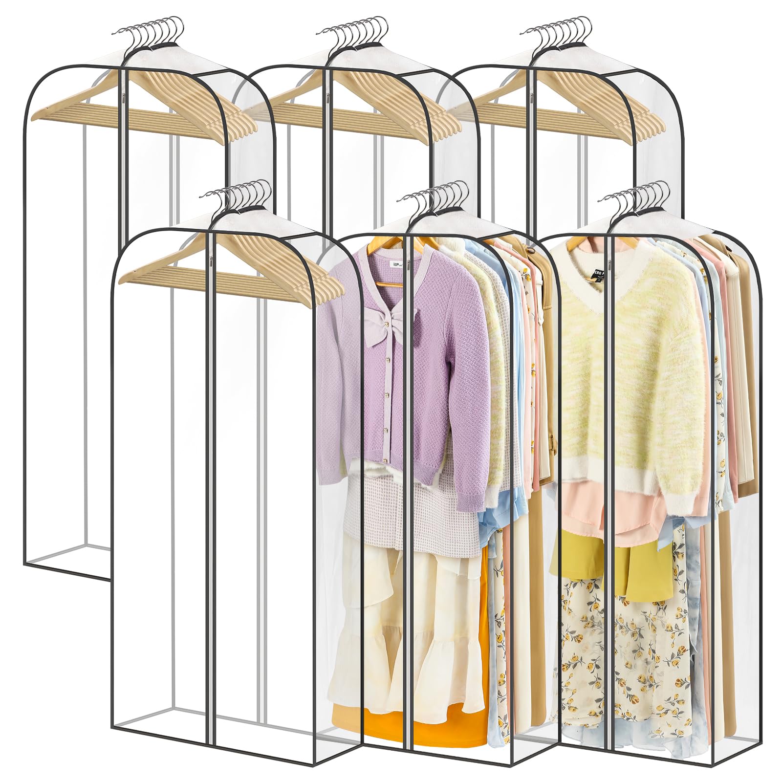 Landneoo clear garment bags 6-pack front view demonstrate sleek closet organization