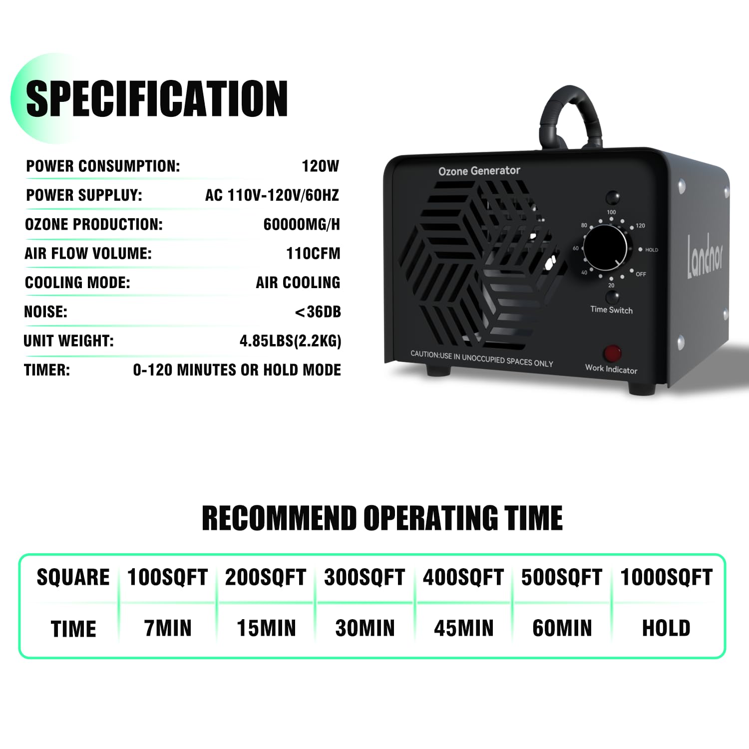 Compact LANDNOR ozone generator dimensions emphasize space-saving design