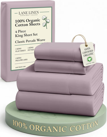 Lane Linen 100% organic cotton king sheets with hotel-quality percale for breathable comfort.