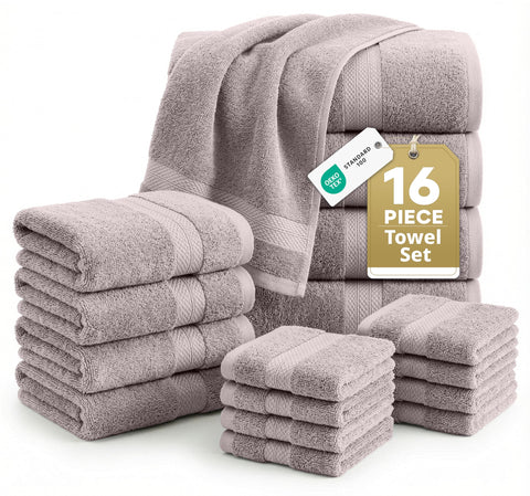 Lane Linen 16-piece bath towel set in platinum shown in a polished bathroom display for guest use