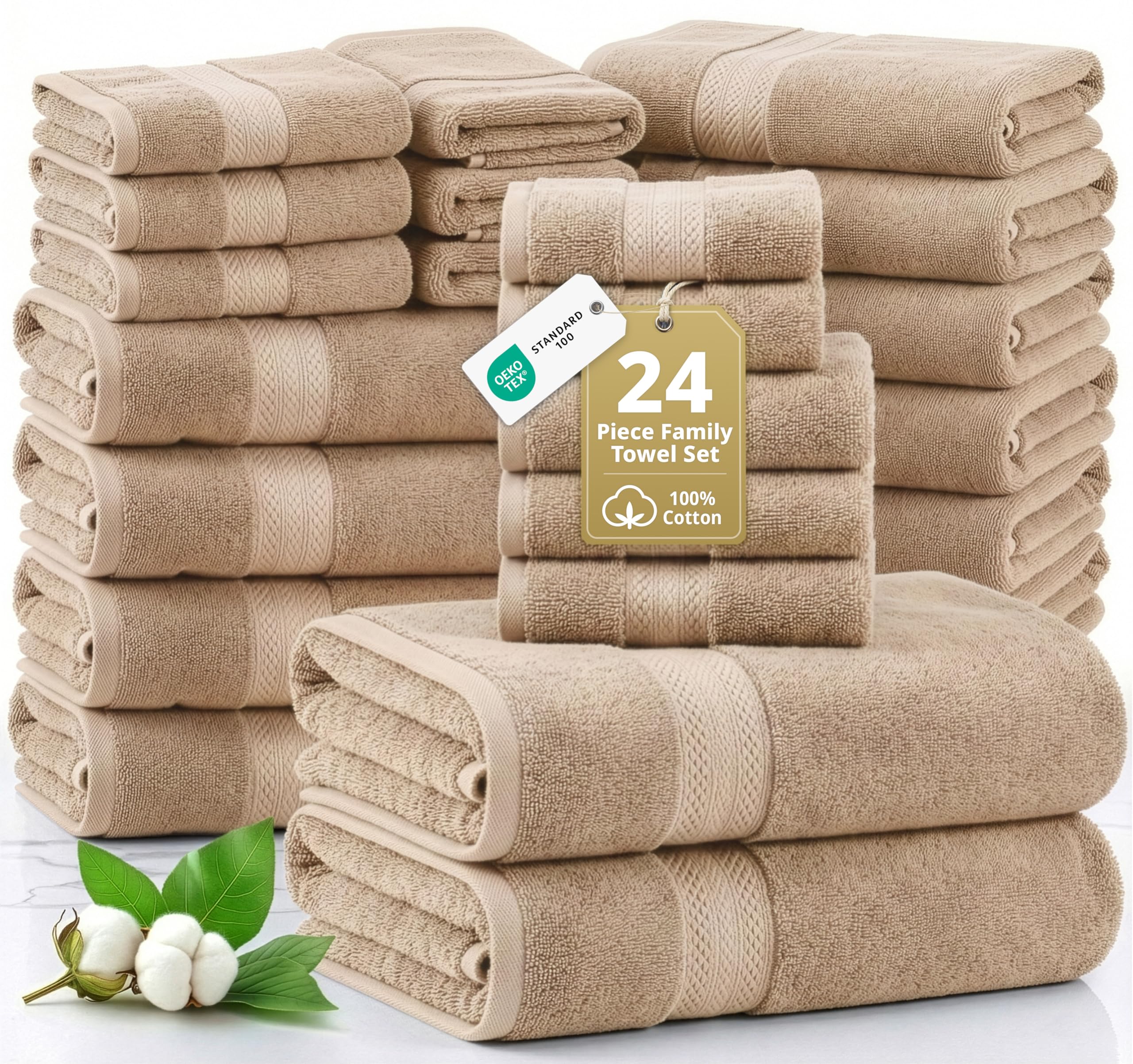 Lane Linen 24-piece towel set in beige, plush and absorbent for family baths