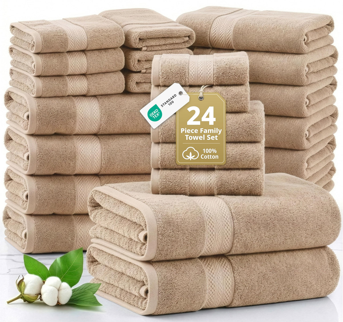 Lane Linen 24-piece towel set in beige, plush and absorbent for family baths