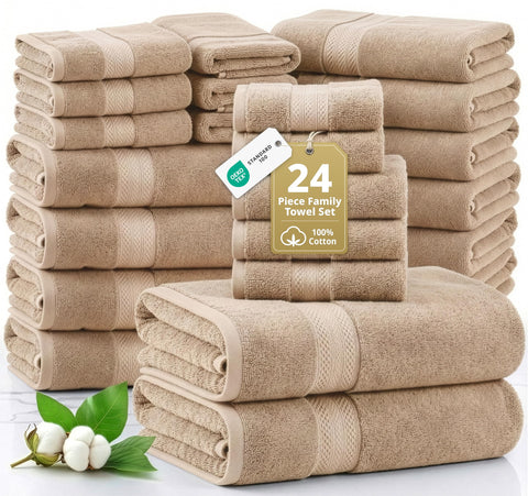 Lane Linen 24-piece towel set in beige, plush and absorbent for family baths