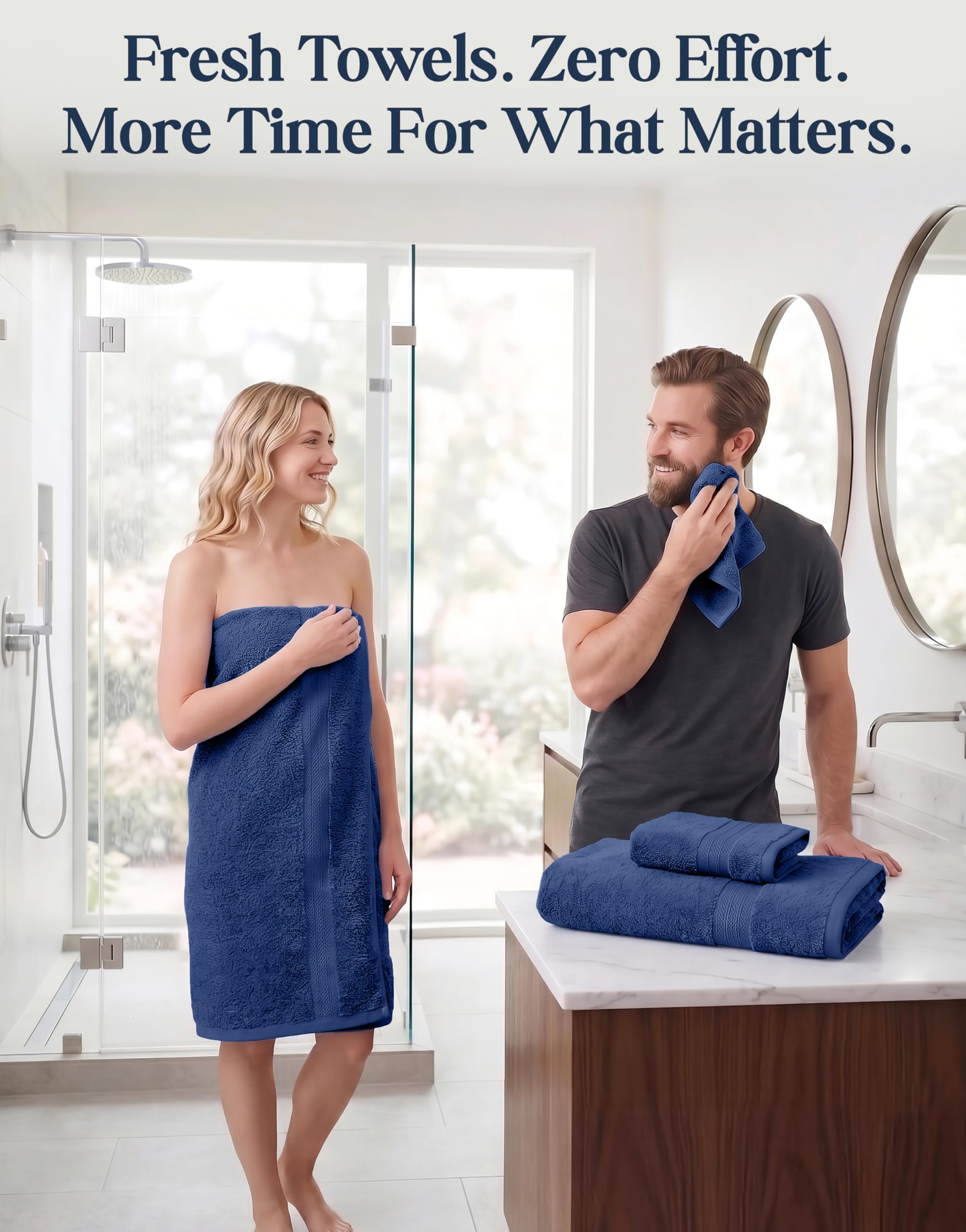 Six-piece Lane Linen navy set packaged for gifting and modern bathroom appeal.