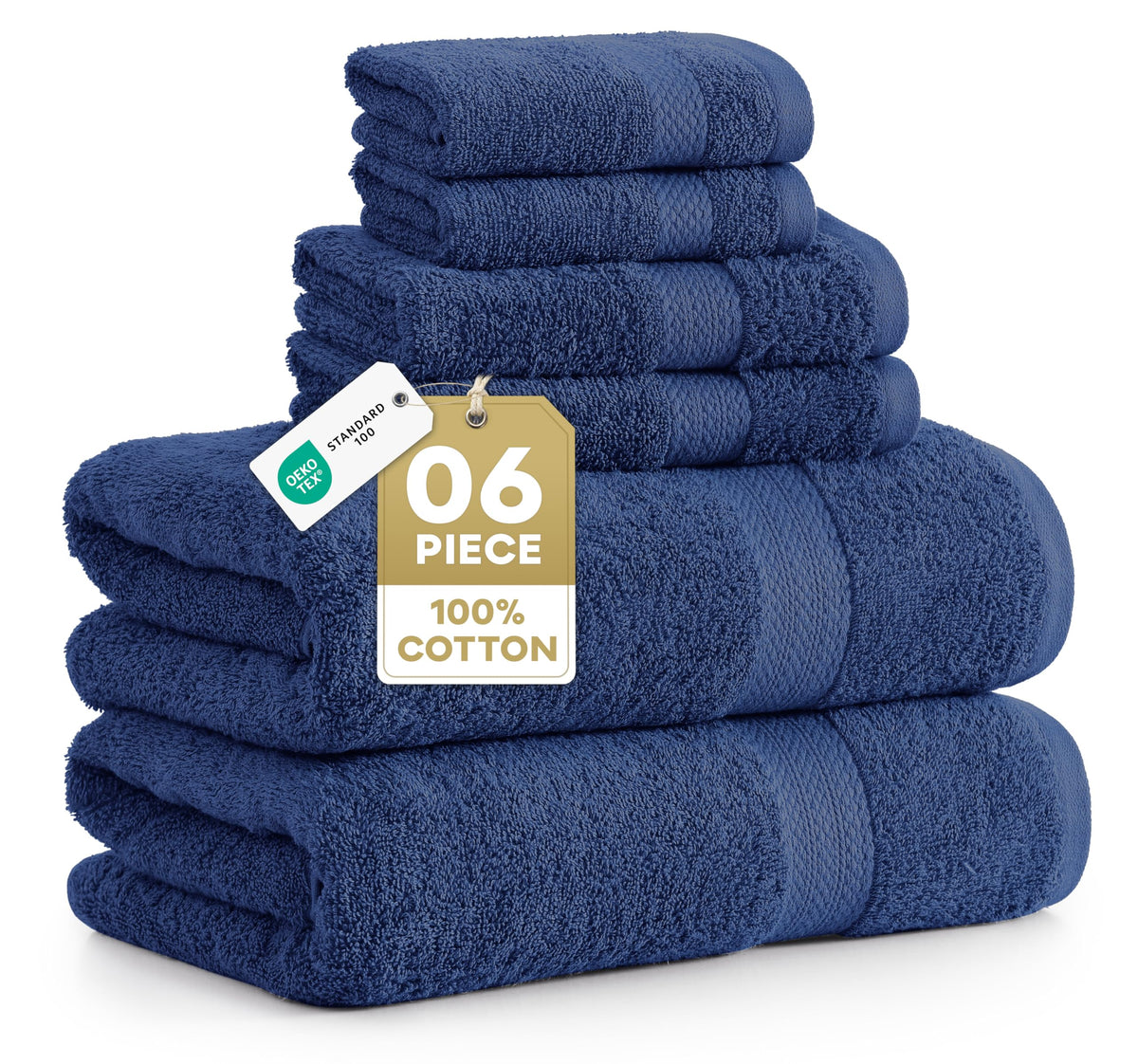 Lane Linen navy bath towel set displayed for premium hotel-quality softness at home.