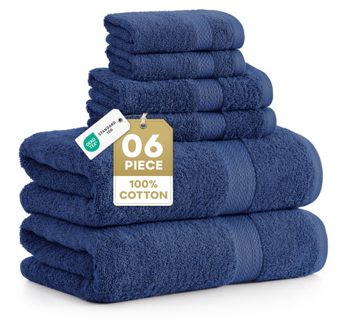 Lane Linen navy bath towel set displayed for premium hotel-quality softness at home.