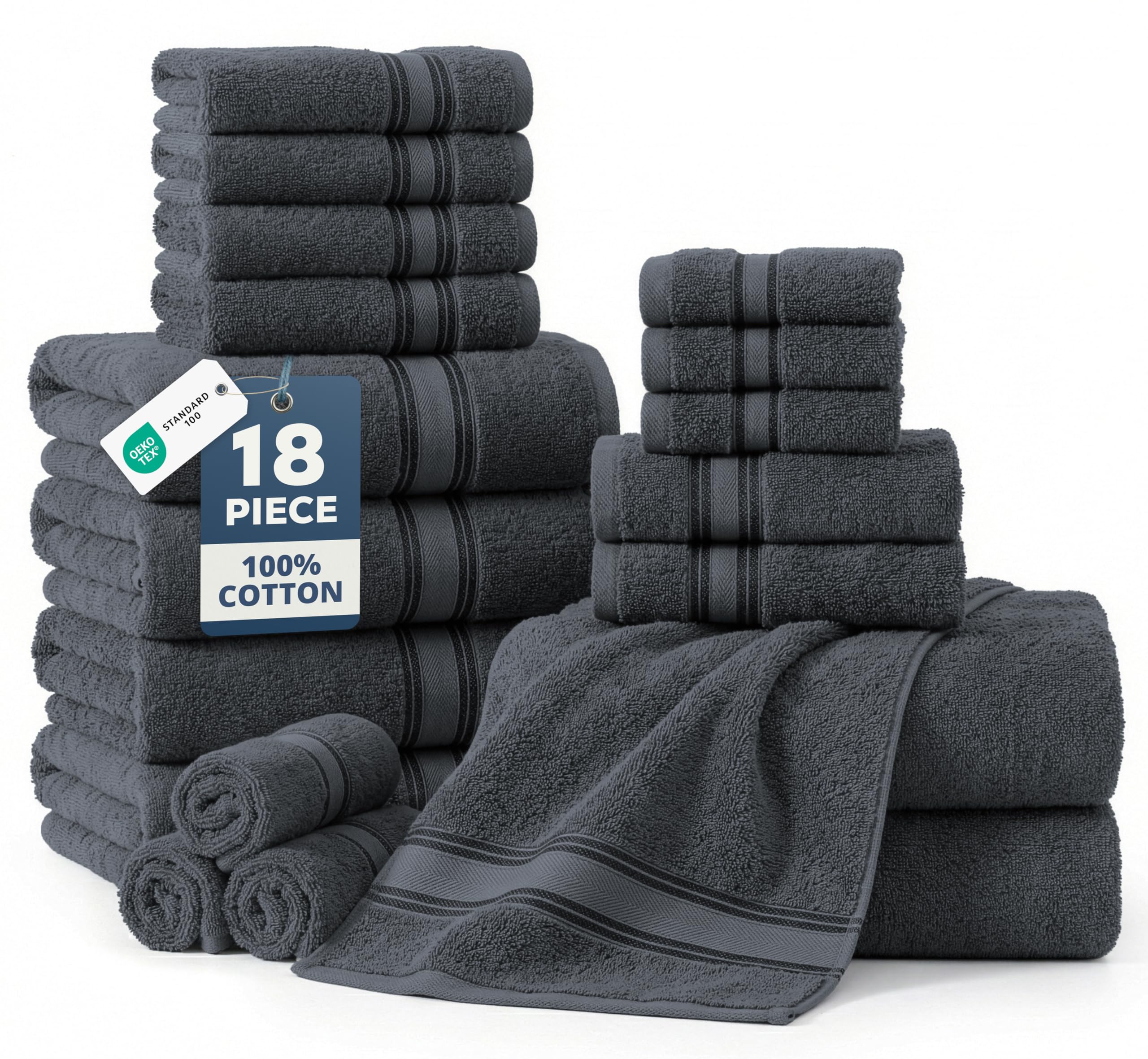 Lane Linen bath towels in cool grey, plush and quick-drying for spa-like bathrooms.