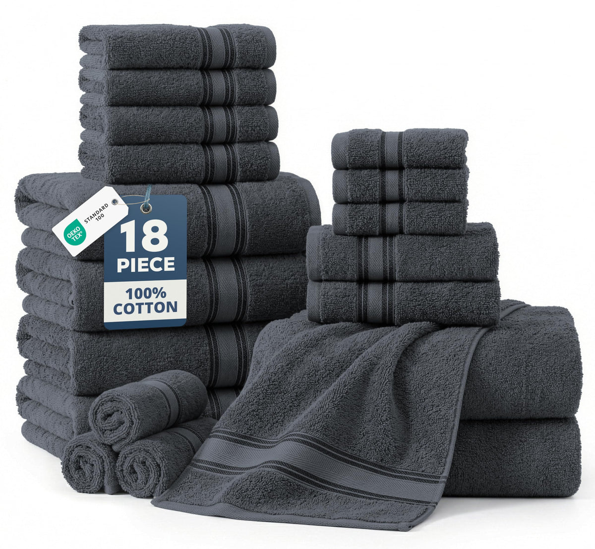 Lane Linen bath towels in cool grey, plush and quick-drying for spa-like bathrooms.