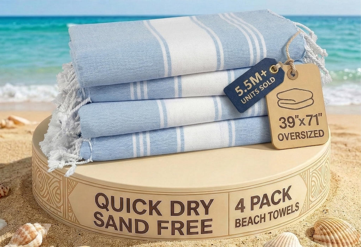 Lane Linen sky blue beach towel pack, oversized 39x71 for lounging in comfort.
