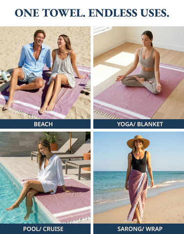 Lane Linen Beach Towels multipurpose use as sarong, yoga towel, or picnic blanket.