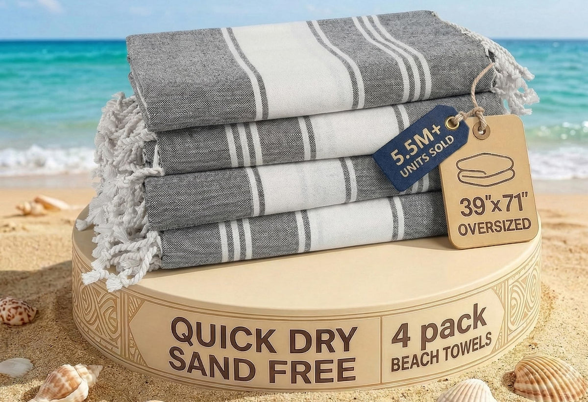 Lane Linen beach towels oversized four-pack in smoky black for travel comfort.