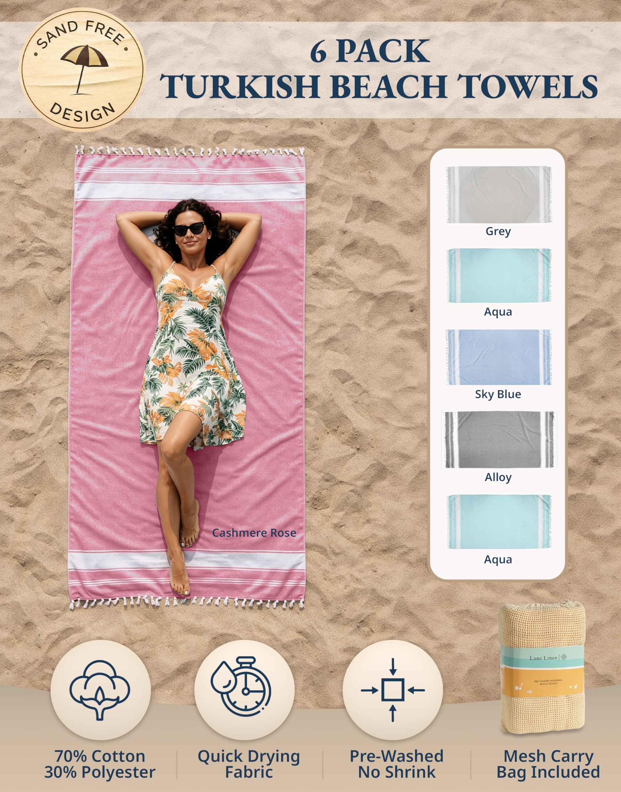 Lane Linen Beach Towels sand-free design keeps beach gear clean and easy to shake off sand.