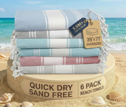 Lane Linen Beach Towels six-pack oversized for generous coverage and quick-dry comfort.