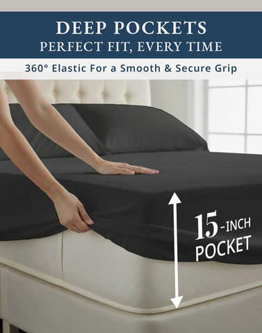 Lane Linen bed draped in black sheets exudes elegant, breathable comfort.