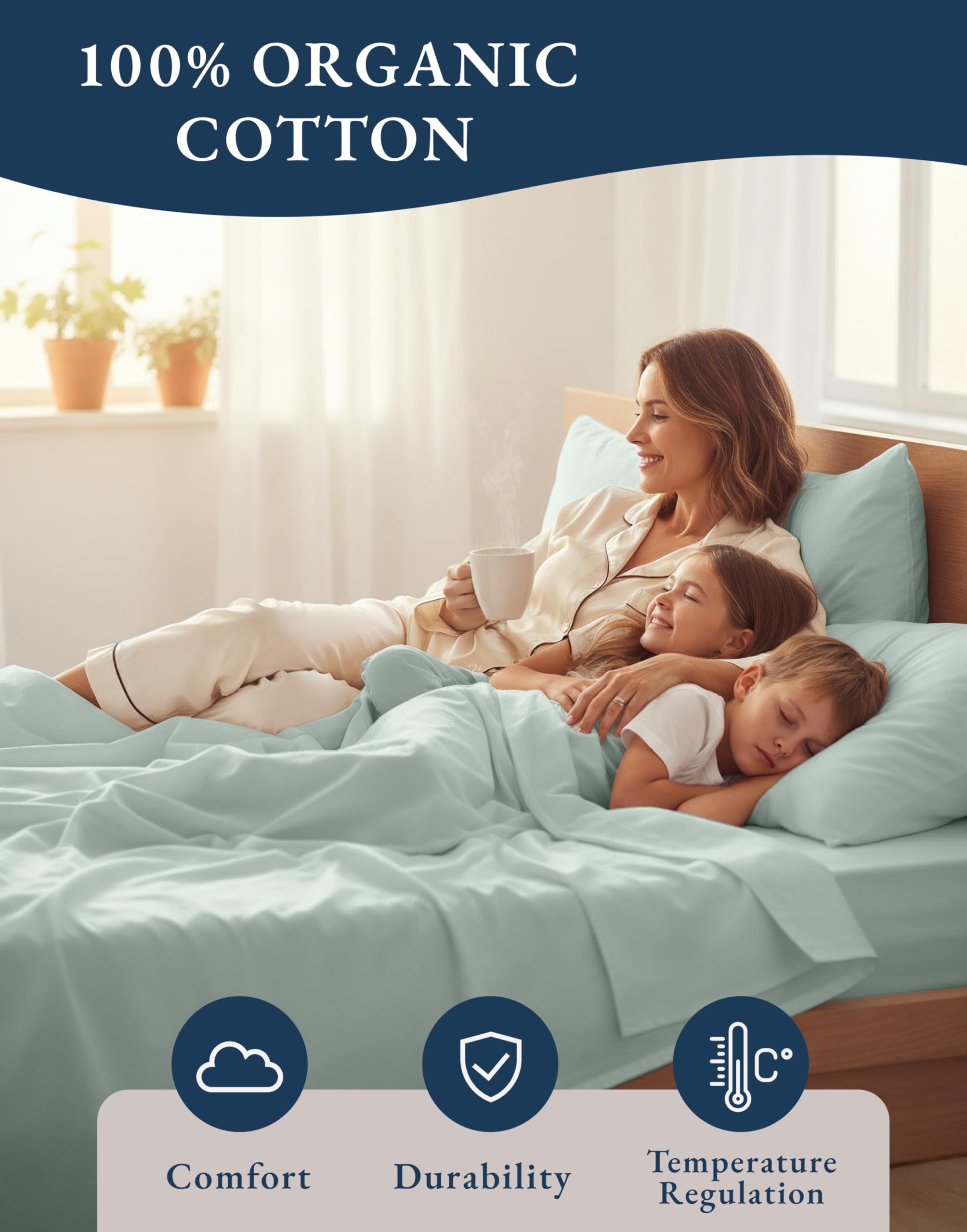 LANE LINEN bed setup in cool blue highlights breathable, temperature-regulating comfort