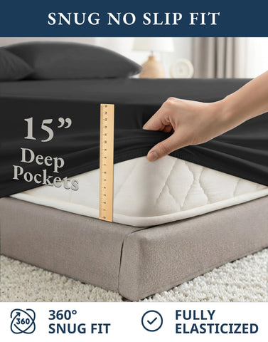 Lane Linen black sheets on bed highlighting rich color and softness